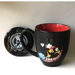 Disney Parks Coffee Mug w Lid Mickey Mouse Soccer Epcot 18 World Expo Gift Black